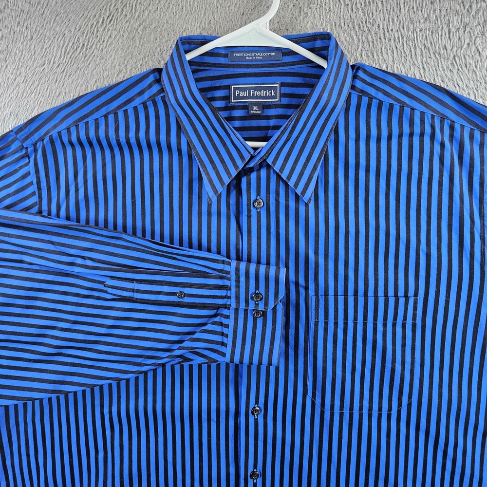 Paul Fredrick Mens 3XL Blue Black Striped Long Staple Cotton Button Down Shirt